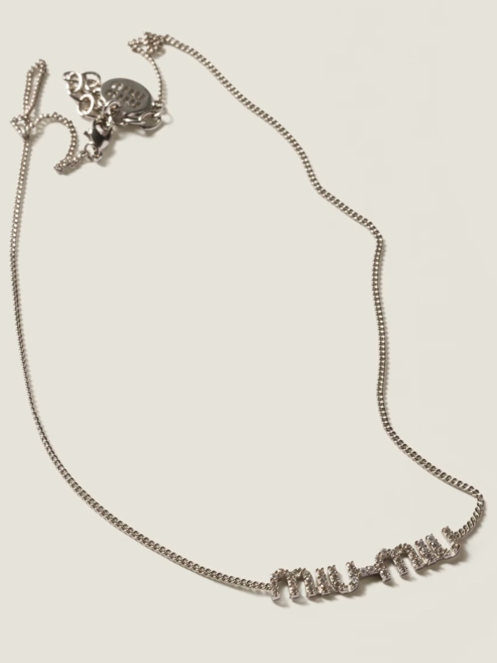 Miu Miu Silver Crystal Logo Necklace